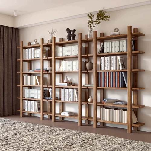 纯实木落地式原木设计收纳架家用客厅多功能置物架展示木架子书架