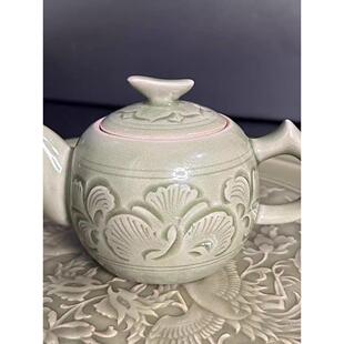 耀州窑青瓷茶壶手工刻花牡丹纹功夫茶具230ml覆古青瓷家用秦人壶