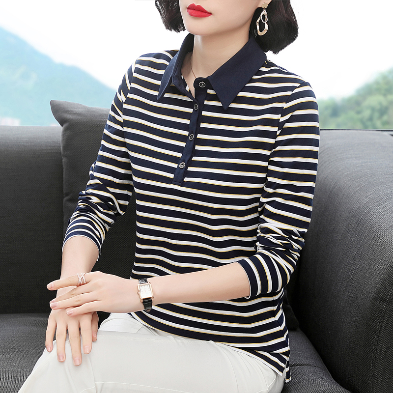 翻领长袖t恤女有领上衣50岁妈妈春装2021新款中年条纹纯棉打底衫