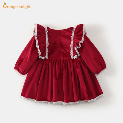 女宝宝公主裙秋冬加绒一岁生日周岁礼服红色喜庆抓周连衣裙小童冬