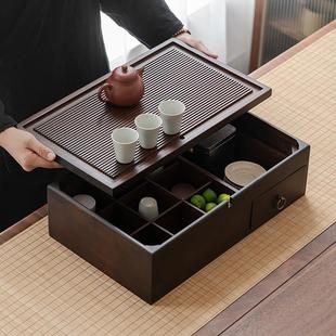 茶台排水式 多功能收纳盒茶盘竹制一体家用大号日式 功夫茶具茶托盘