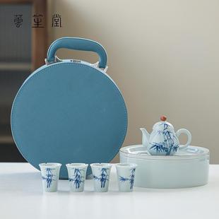旅行功夫茶具套装 便携式 带盘户外露营随身茶具一壶四杯手绘泡茶器