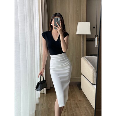 白色高腰半身裙女夏季轻熟风褶皱遮肚开叉性感女人味包臀裙一步裙
