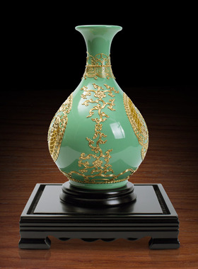 年年有余玉壶春淡绿瓶 金箔漆线雕工艺品摆件创意博古架装饰品