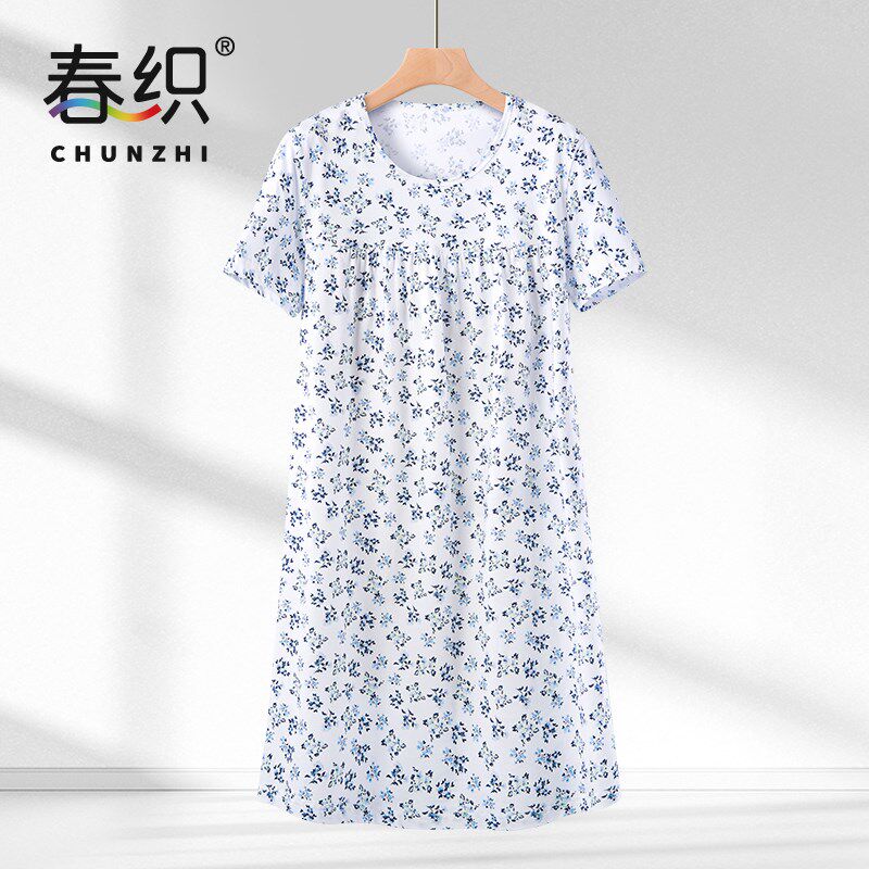 春织妈妈睡裙女纯棉夏季圆领中老年睡衣短袖家居服老人连衣裙薄款