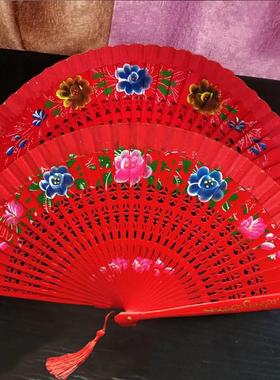 红色扇子双面西班牙舞蹈扇旗袍走秀表演折扇折叠扇古风舞扇广场舞