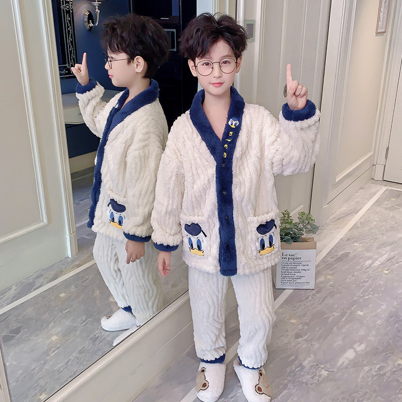 男童珊瑚绒睡衣儿童中大童法兰绒家居服冬季加厚男孩加绒2023新款