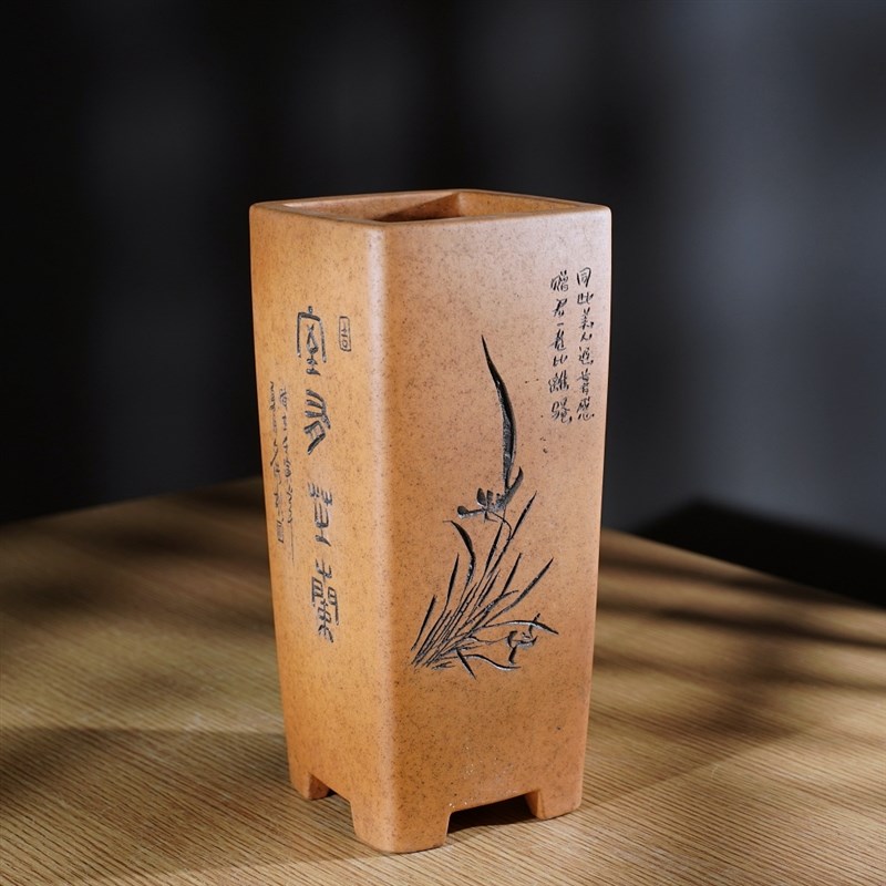 名家老艺人秦夕洪复古传统四面刻绘高四方签筒千筒紫砂兰花悬崖盆