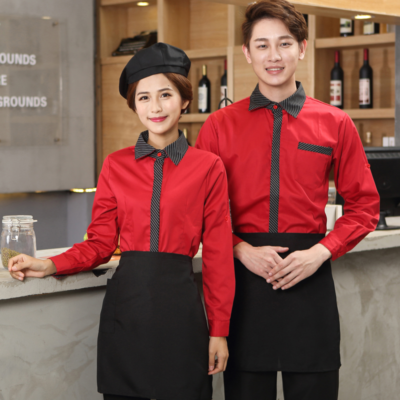 快餐店服务员工作服衬衫长袖男女饭店蛋糕面包房前厅收银营业制服