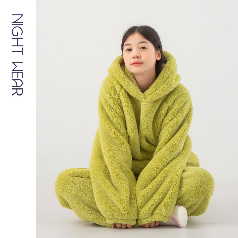 秋冬睡衣女珊瑚绒加绒加厚套头连帽可爱大码冬季保暖家居服可外穿