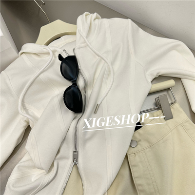 灰色鱼骨线双头拉链卫衣女春季2023新款修身显瘦休闲短款连帽上衣