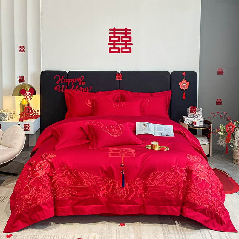 高档龙凤婚庆四件套大红色刺绣被套结婚床上用品陪嫁婚房喜庆