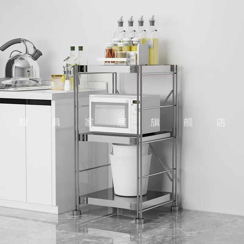 日式不锈钢置物架厨房落地微波炉家用摆放收纳架仓储超市落地货架