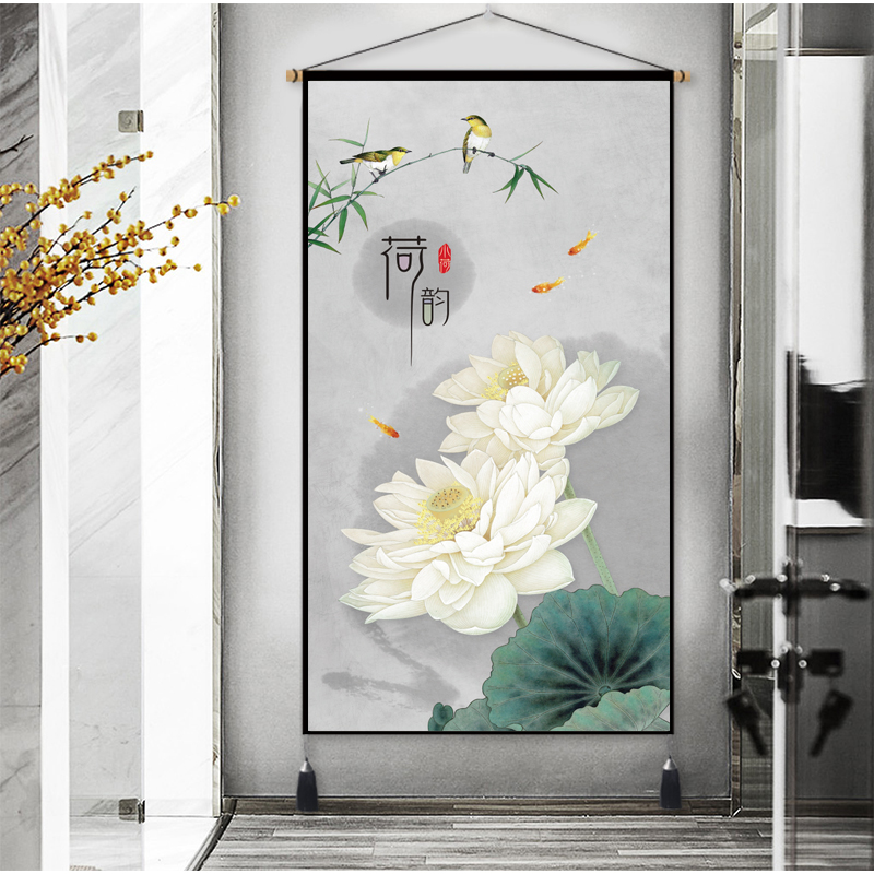 中式清新荷花挂画布艺挂毯客厅玄关墙壁挂画电表箱遮挡流苏装饰画图片
