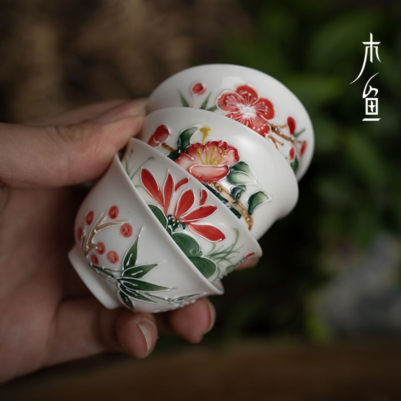 木鱼 潮州老瓷器 浮雕手绘粉彩功夫茶杯 凤凰单丛小品茗杯反口杯