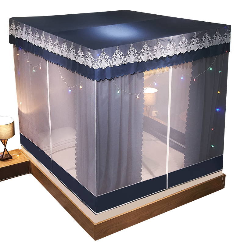 遮光防蚊两用家用蚊帐布帘一体全封闭1.5m蒙古包式拉链方帐公主风