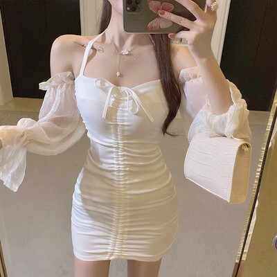 网红主播挂脖吊带白色连衣裙女春秋性感紧身包臀短裙长袖气质裙子