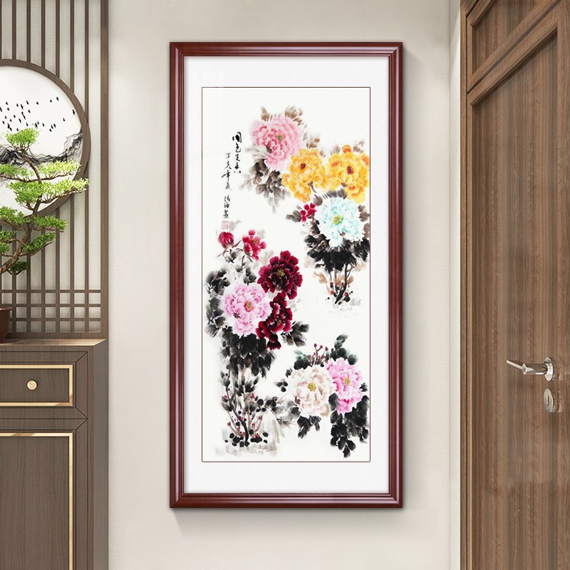 国画花开富贵牡丹图新中式玄关装饰画竖版入户走廊过道壁画寓意好