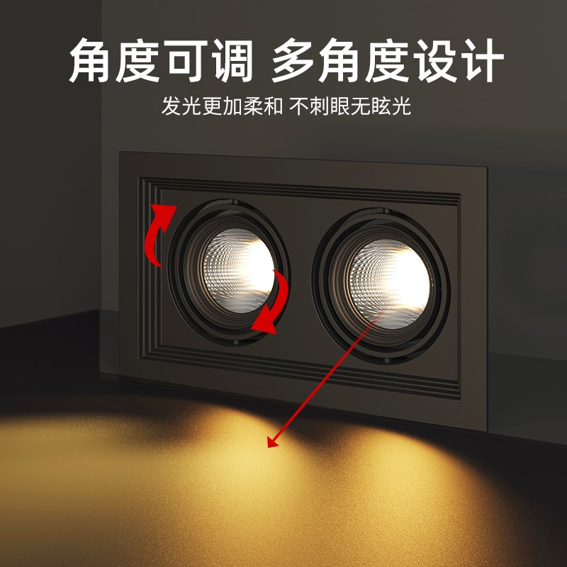 黑色客厅嵌入式双头射灯无主灯照明方形筒灯斗胆灯格栅灯过道玄关