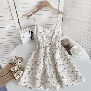 甜美小清新V领碎花排扣高腰显瘦吊带假两件裤裙连体裤短裤女夏季