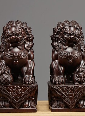 黑檀木雕刻狮子一对实木质狮宫门狮送礼品家居客厅办公室装饰摆设