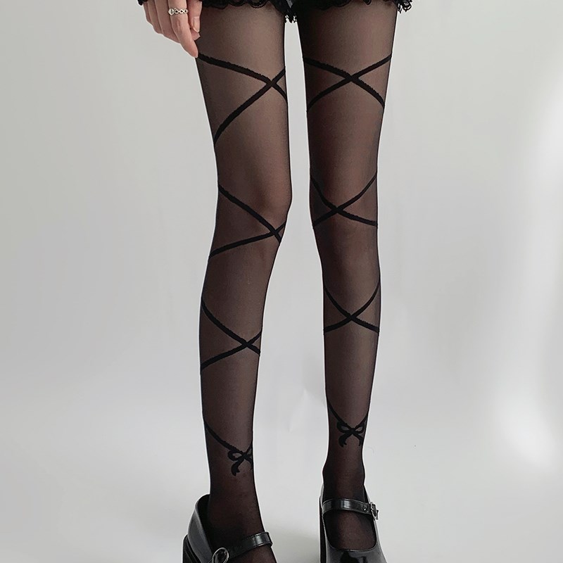 2023年新款丝袜黑色性感蝴蝶结交叉黑丝女防勾丝不掉档jk连裤袜子
