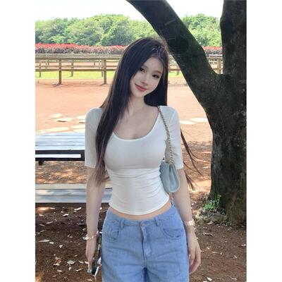 芭蕾感中袖T恤女双U领设