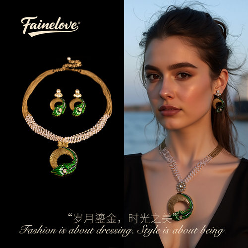 复古铜合金绿色珐琅羽毛项链耳饰