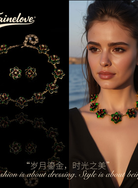 中古镀金果冻琉璃山茶花项链耳饰