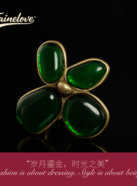 中古风镀金镶嵌琉璃四叶草戒指