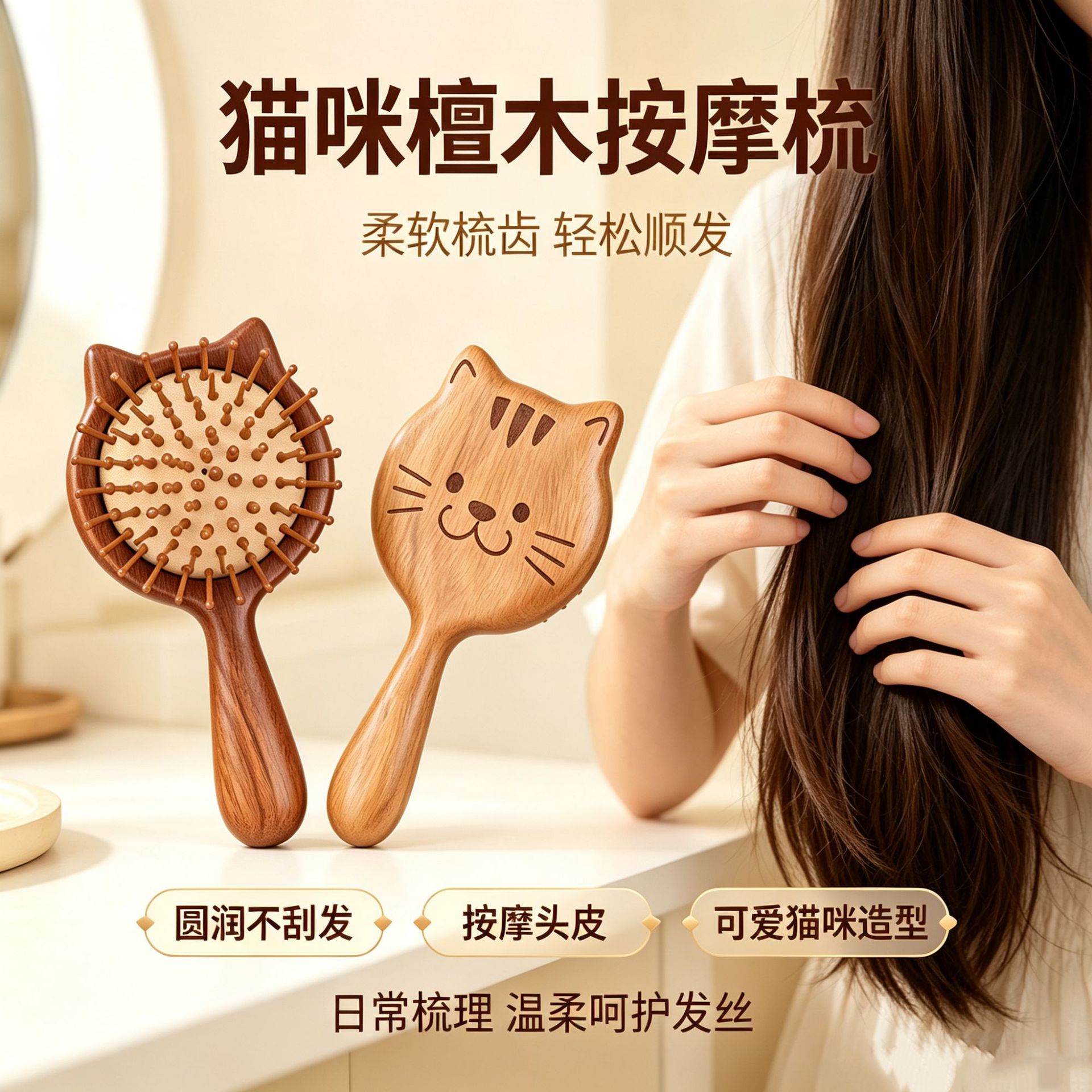 檀木气垫梳可爱小猫气囊梳实木头部经络梳女士家用梳钉钉梳按摩梳