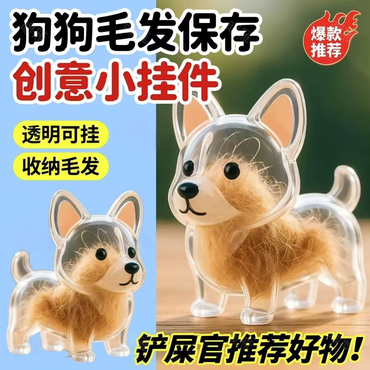 可爱小狗透明毛发收纳盒动物毛球胶囊挂件装饰纪念防尘盒收集玩具