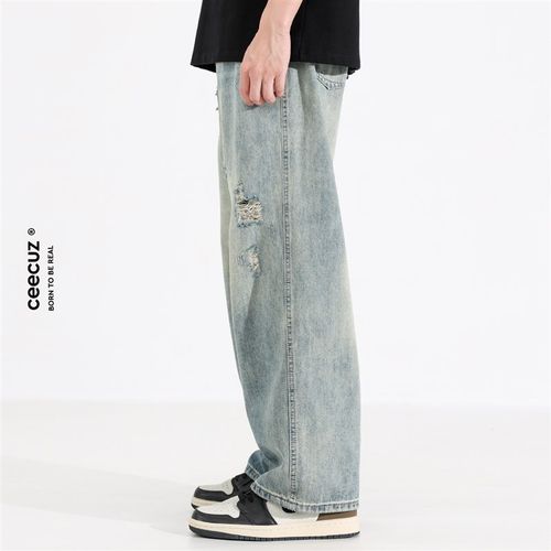 Ceecuz浅色做旧破洞牛仔裤男夏季新款黄泥水洗复古直筒阔腿长裤子