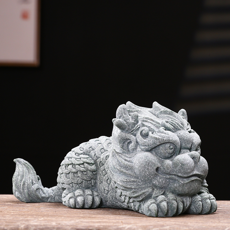 国潮风瑞兽麒麟青砂石动物摆件创意客厅茶室桌面鱼缸造景装饰品