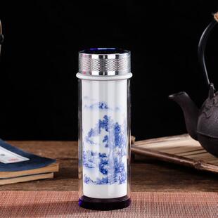 青花便携玻璃泡茶杯家用双层礼品盒 景德镇陶瓷保温杯带盖高档中式