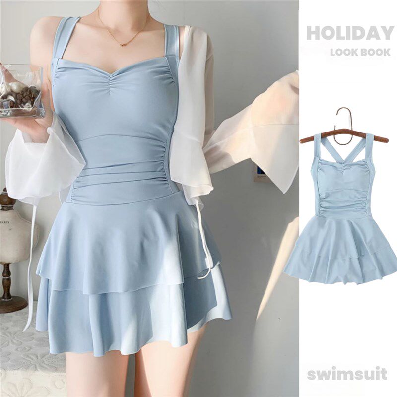 泳衣女款2025新款连体裙式保守遮肚显瘦显白泡温泉泳装高级感蓝色