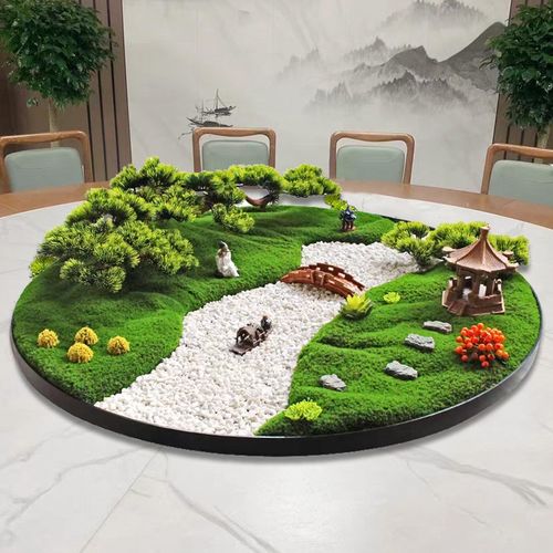 高端酒店餐桌中间摆件饭店圆桌电动转盘摆花装饰品微缩景观摆台花