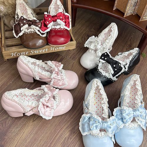 【尾款】珍珠糖果 绵羊泡芙Lolita花边蕾丝蝴蝶结中跟单鞋