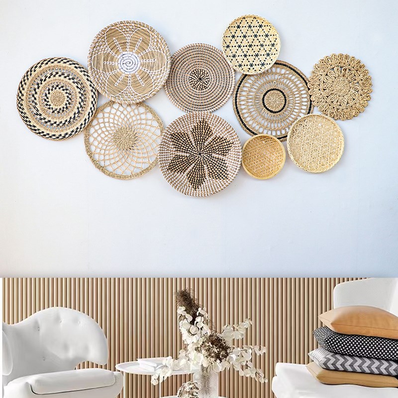 新品中式田园海草手工编制藤编花纹印花居家卧室书房墙壁挂饰套装