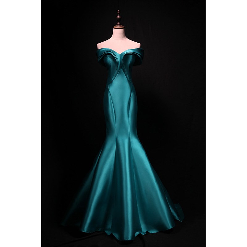 简约质感一字肩鱼尾缎面孔雀蓝晚礼服年会主持活动表演晚宴长款裙