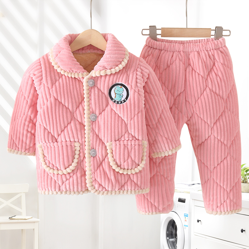 冬季儿童睡衣男童女童冬天三层夹棉加绒加厚款宝宝保暖家居服套装