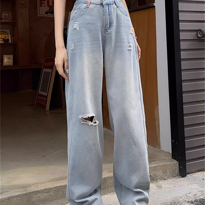 破洞阔腿牛仔裤女2023年秋冬新款高腰显瘦垂感超火拖地裤直筒裤子