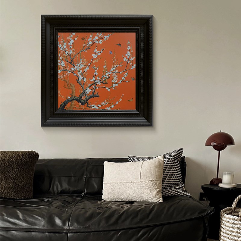 橙色梵高风格玄关卧室梅花蝴蝶客厅装饰挂画新中式复古风手绘油画图片