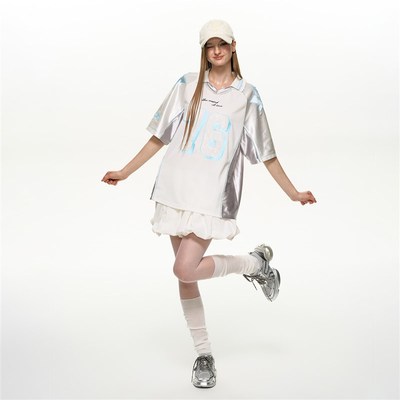 NS76夏季新款blokecore复古翻领球衣拼色光面短袖T恤宽松上衣女