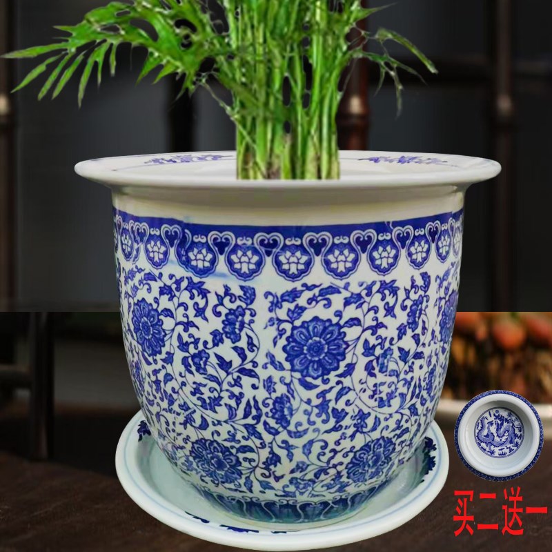 景德镇陶瓷特大号青花瓷花盆带托盘大号户外庭院田园落地桌面盆栽