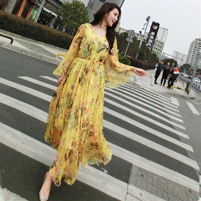 喇叭袖长裙夏季新品大码波西米亚连衣裙巴厘岛泰国海边度假沙滩裙