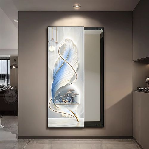 意式轻奢羽毛隐形全身镜推拉隐藏式镜子卧室试衣镜壁挂家用穿衣镜