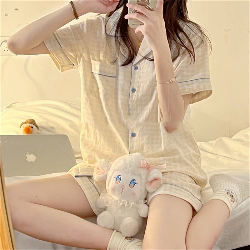 格子控网红风睡衣女三件套纯棉绸棉纱短袖夏季薄款春秋长袖家居服