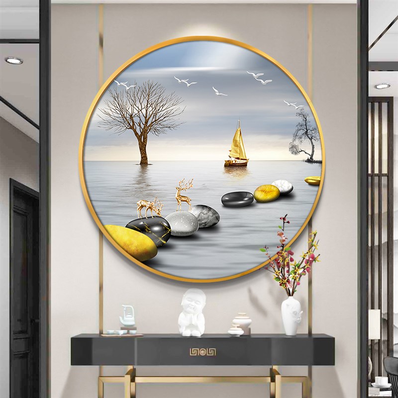 五福临门圆形玄关装饰画新中式入户进门葫芦山水壁画走廊晶瓷挂画图片