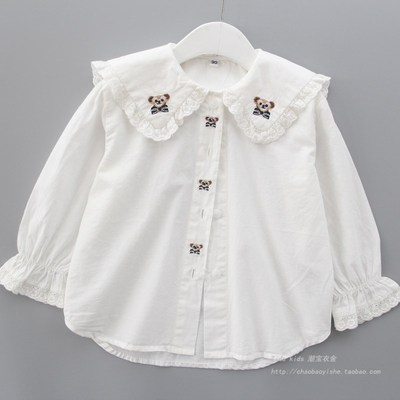 女童衬衫秋季新款儿童装洋气娃娃领花边白色纯棉衬衣宝宝春秋上衣